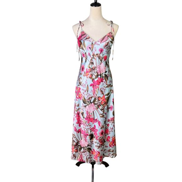 Victoria's Secret NWT Blue Floral Satin Tie Strap Midi Slip Dress Nightgown - Picture 3 of 12